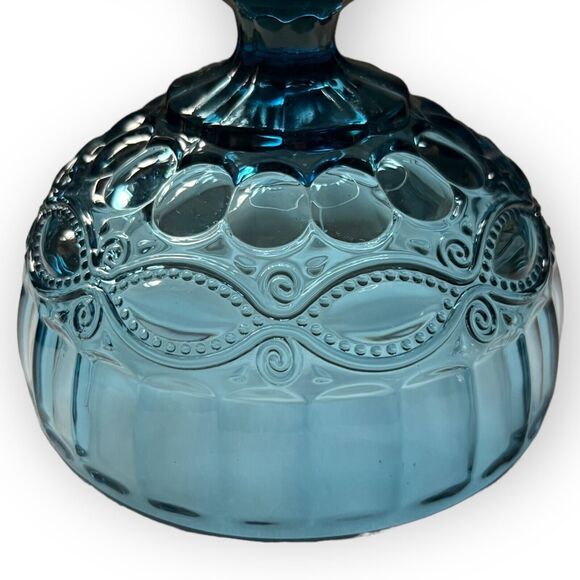 Vintage Embossed Blue Glass Pedestal Dessert, Ice Cream, Candy Dish - Picture 7 of 10